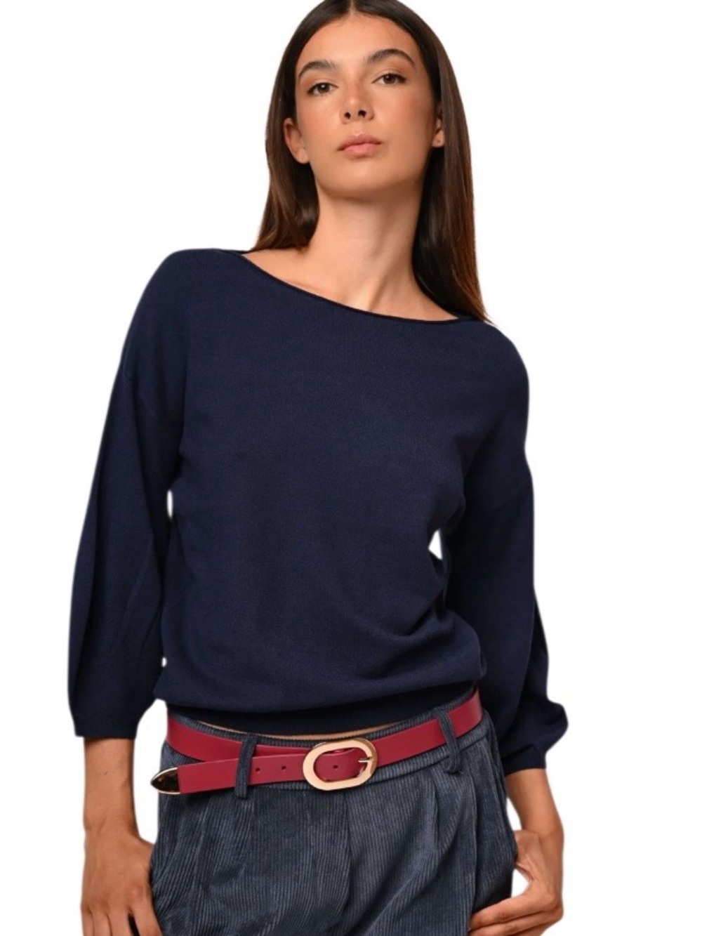Nuna Lie Navy Blue Puff Sleeve
Knit Sweater‎ Top Size M
Lightweight Boat Neck